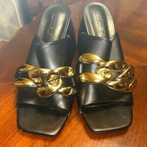 Black Vegan Leather Block Heel Square Toe Mules with Chain Detail